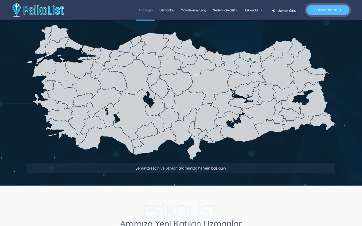 Psikolist ana sayfası: şehir seçerek uzman arama haritası